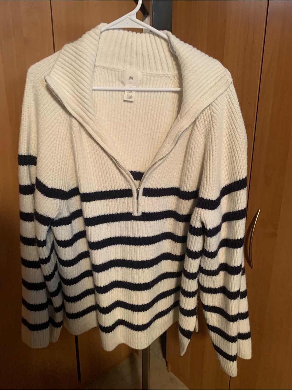 H&M Cream and Blue Striped Half-Zip Sweater
